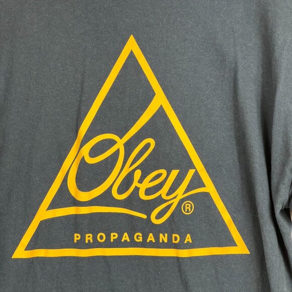 OBEY Propaganda Mens Blue Yellow Logo Graphic Printed Tee Size L Short Sleeve - Picture 5 of 12